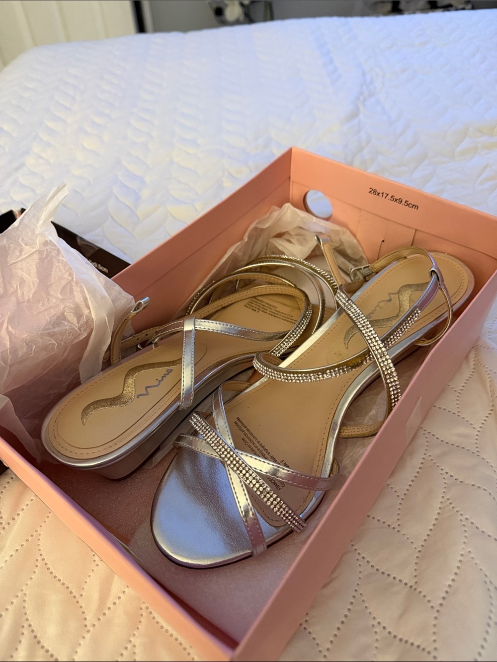 Nina Metallic Silver Strappy Sandals with Rhinestone Straps